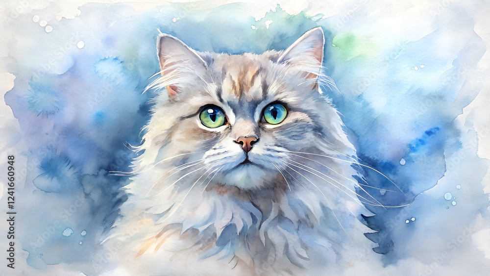 Fototapeta premium White long-haired cat with green eyes gazing directly at viewer. Soft watercolor portrait against dreamy blue background shows serene expression. Concept of pet portraiture, art gallery, veterinary cl