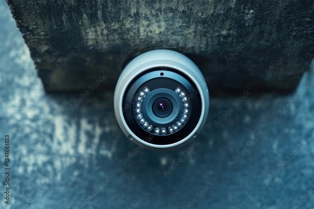 Overhead shot of a camera installed on a wall, great for depicting surveillance or security settings Overhead shot of a camera installed on a wall, great for depicting surveillance or security settings