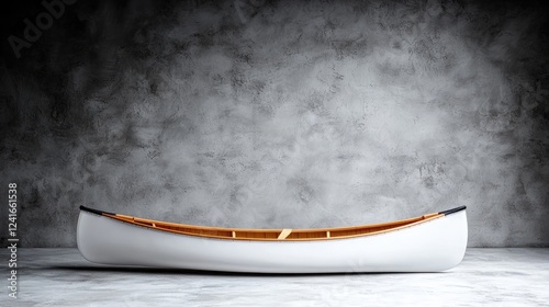 White canoe rests against a textured wall; adventure, travel, recreation