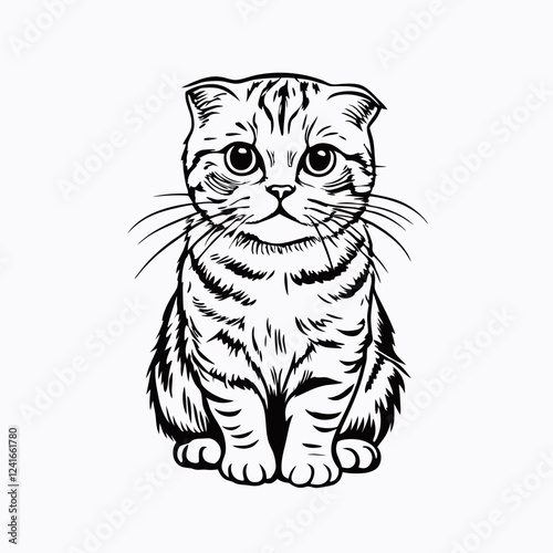 Scottish Fold kitten sitting attentively, looking directly at camera with round expressive eyes. Simple line drawing style captures gentle nature.Concept of pet grooming, veterinary care, pet supplies