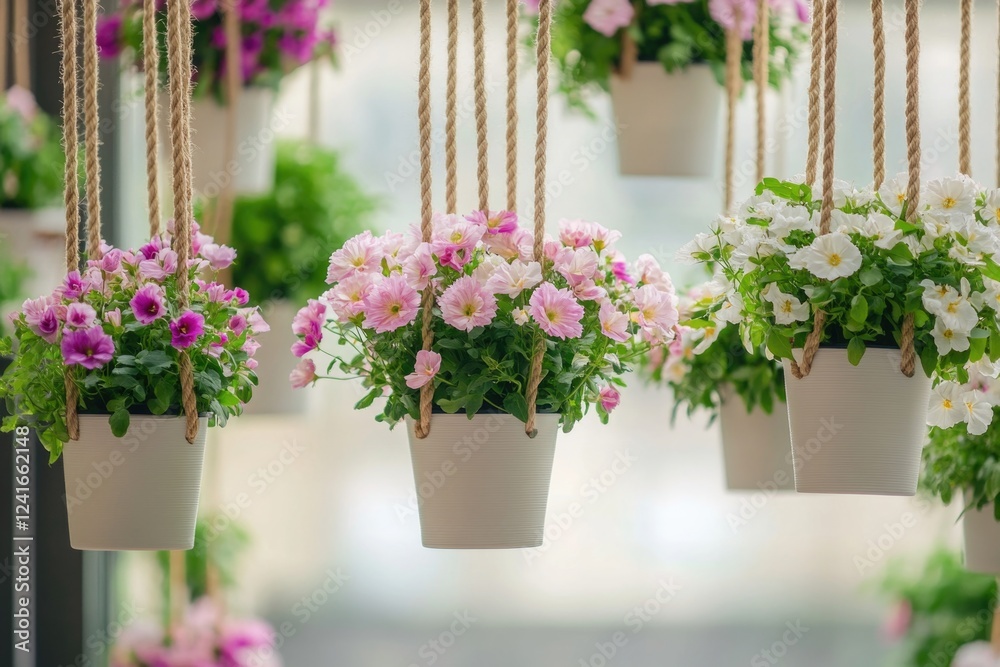 Fototapeta premium A collection of hanging flower pots filled with vibrant pink and white flowers, perfect for decorative use or as a symbol of celebration