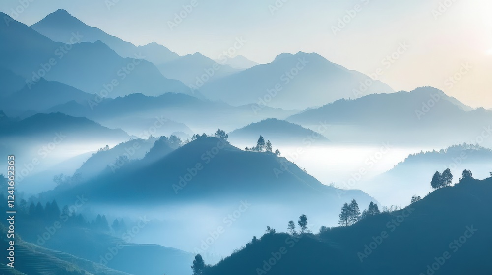 Obraz premium Serene Blue Mountain Landscape with Misty Peaks and Soft Light