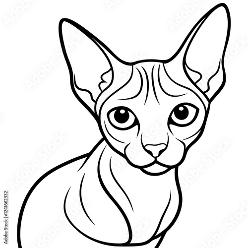 Sphynx cat sitting in forward pose, distinctive hairless features captured in simple lines. Direct gaze at camera shows confident personality. Concept of exotic pets, breeding, specialty care.