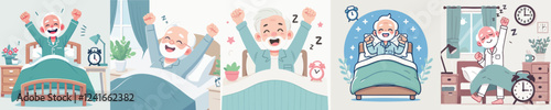 vector of an elderly person waking up while raising his hands