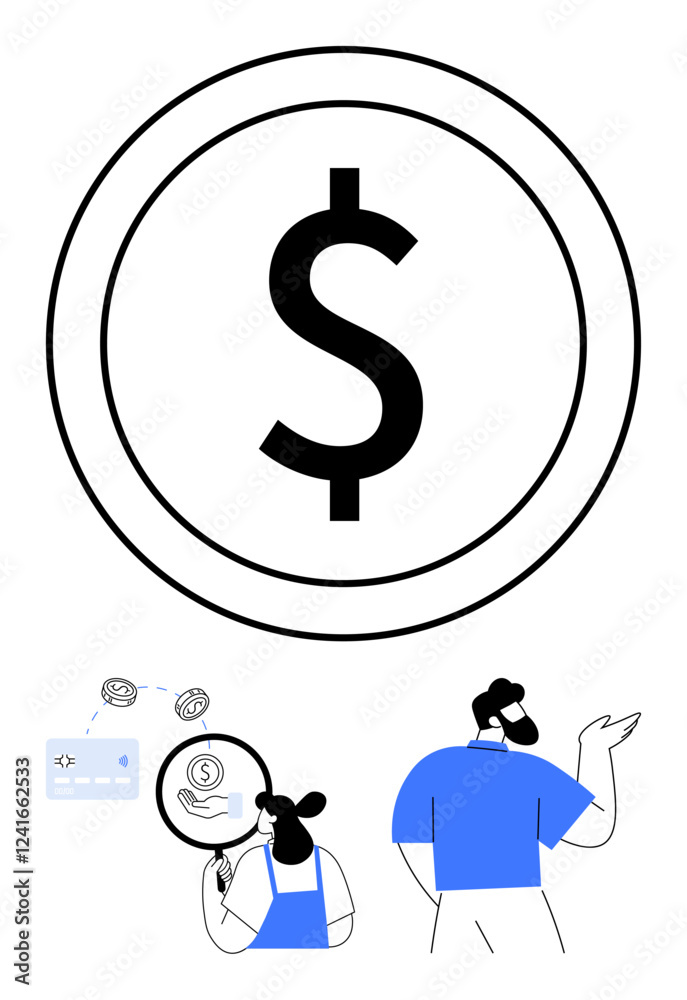 Dollar sign inside a large coin signifies wealth. Two people in conversation evaluate financial data using a magnifier. Ideal for economics, investments, savings, banking, market analysis, financial Dollar sign inside a large coin signifies wealth. Two people in conversation evaluate financial data using a magnifier. Ideal for economics, investments, savings, banking, market analysis, financial