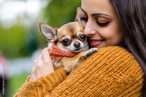 A woman wearing an orange sweater is joyfully holding her small Chihuahua while enjoying a sunny afternoon outside
