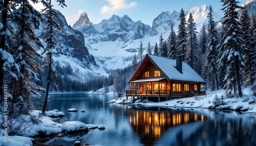 Obraz premium Majestic mountains with autumn foliage reflected in calm water under a clear blue sky.