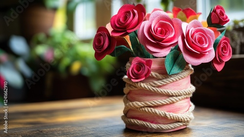 Fototapeta Naklejka Na Ścianę i Meble -  A handmade Valentine's flower vase wrapped in rope and decorated with painted paper roses in bright red and pink tones