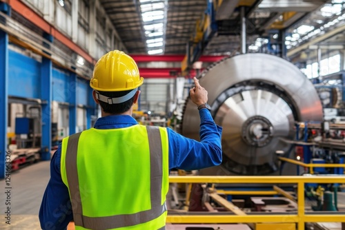 Worker in safety vest and helmet inspects a large machine in a spacious factory, ensuring equipment is operating correctly
