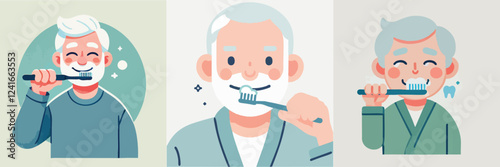 vector of an elderly person brushing his teeth