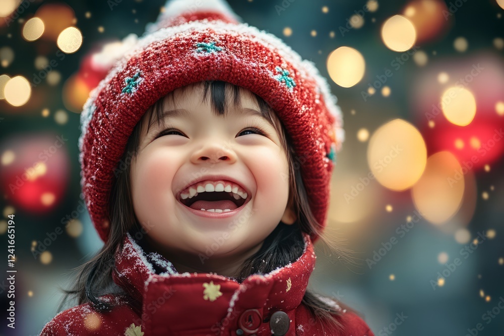 Smiling chinese child in red winter attire enjoying snowfall during lantern festival, soft bokeh lights illuminating festive moment Smiling chinese child in red winter attire enjoying snowfall during lantern festival, soft bokeh lights illuminating festive moment