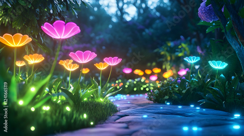 Colorful flowers light up a stone pathway, creating a serene evening ambiance photo