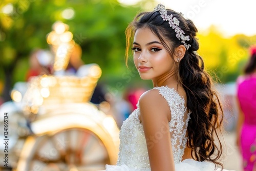 Girl in a quinceanera dress looks over her shoulder beside a vintage carriage, illuminated by soft sunset light photo
