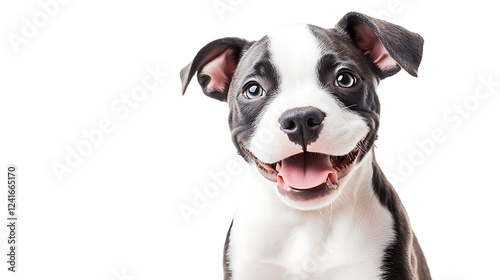 A black and white dog with a white spot on its face is smiling