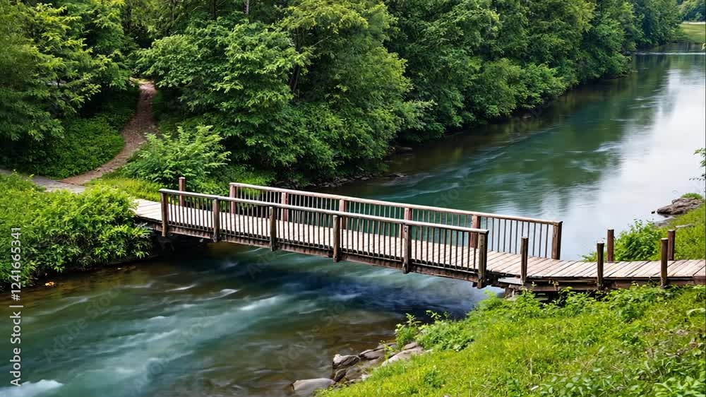 Serene Wooden Bridge Over a Tranquil River in Lush Green Foliage Serene Wooden Bridge Over a Tranquil River in Lush Green Foliage