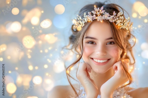 A quinceanera girl joyfully smiles as she is crowned with a sparkling tiara, surrounded by warm golden fairy lights photo