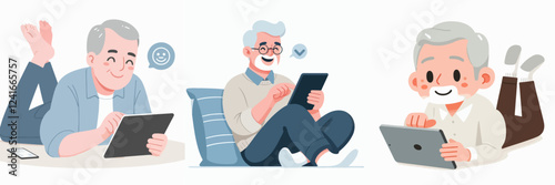 vector of an old man using a tablet while relaxing