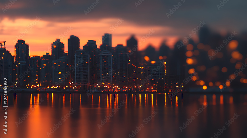 Fototapeta premium A city skyline with a sunset in the background