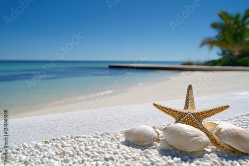 The tranquil beach scene featuring colorful starfish and charming seashells unfolds magnificently beneath a vast, bright blue sky, creating a picturesque atmosphere that invites relaxation and joy photo