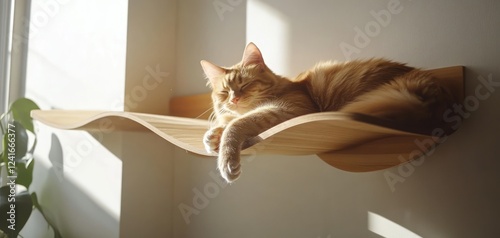 Ginger Cat Napping on a Modern Wooden Shelf in Sunlit Room