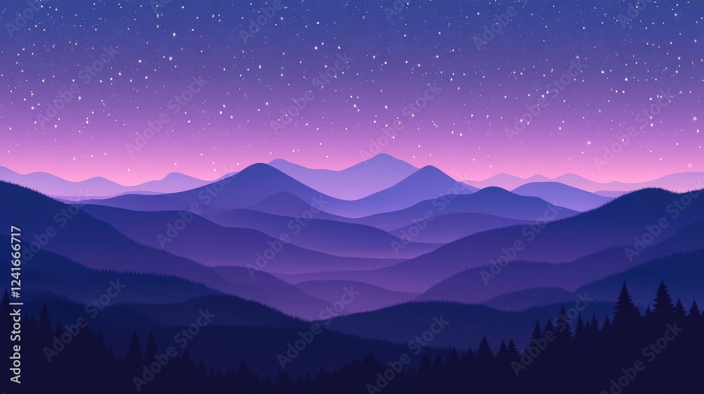 Naklejka premium Serene Mountain Landscape at Dusk with Starry Sky and Hues