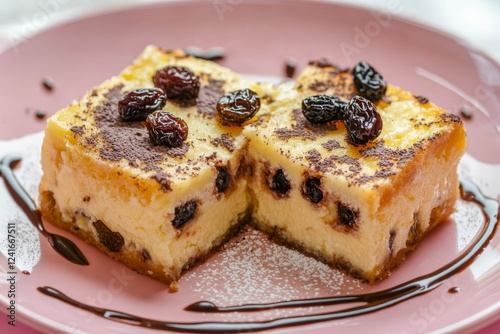 Wallpaper Mural Two pieces of cheese casserole with raisins, sprinkled with chocolate sauce in a pink plate. Torontodigital.ca