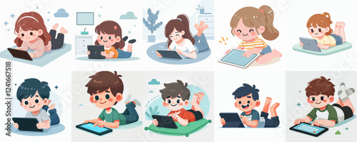vector of a child using a tablet while relaxing