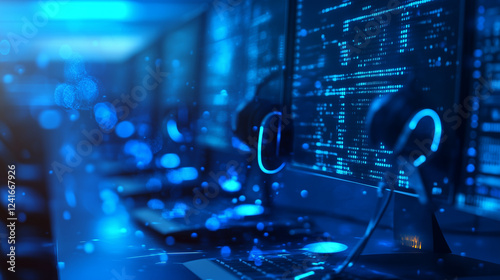 A futuristic call center with abstract glowing communication tools-1