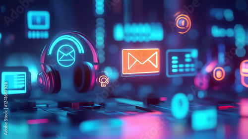 3D icons of headsets, emails, and phones in a digital landscape-3