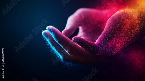 A background where gradient dots and digital wavy lines make praying hands and digital wavy lines wave around them