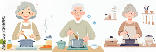 vector of a grandfather and grandmother cooking