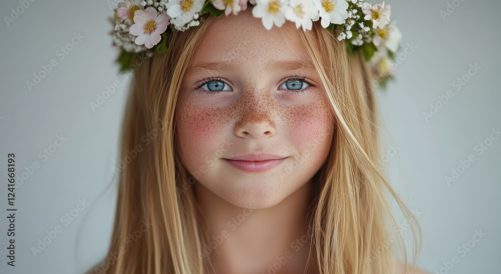 A young girl with long hair and a flower crown smiles gently while showcasing her freckles in a bright indoor setting A young girl with long hair and a flower crown smiles gently while showcasing her freckles in a bright indoor setting