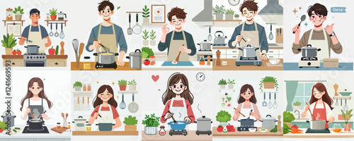 vector of a man and woman cooking