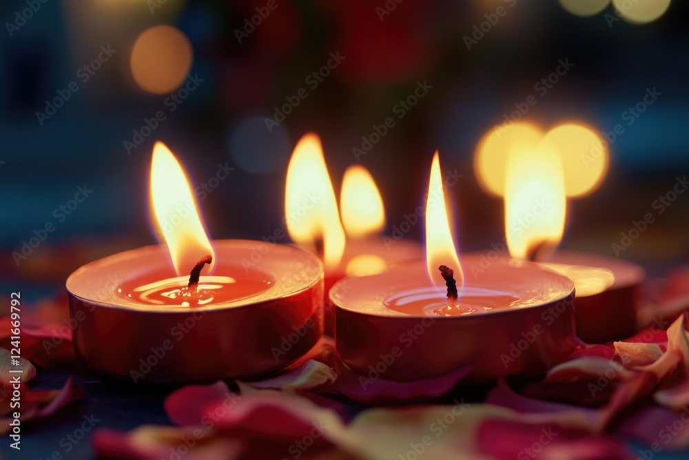 Two candles lit on a table with flower petals Two candles lit on a table with flower petals