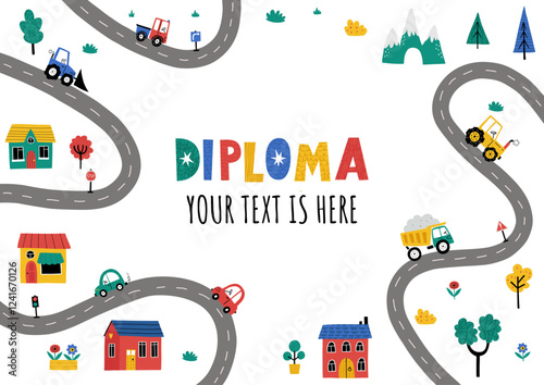 Diploma template with сute little town map with cars, houses, mountains, roads, trees, excavator, tractor, truck. Scandinavian style. Cute diploma template for kids.