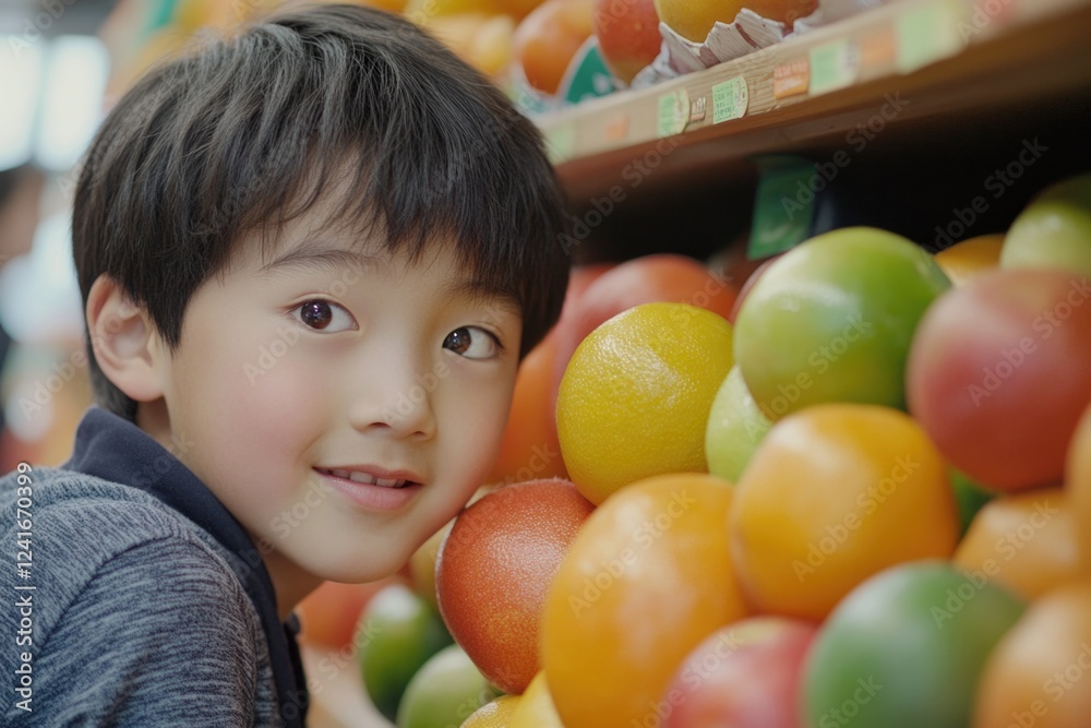 Fototapeta premium A happy young boy stands in front of a pile of oranges, enjoying the fruit