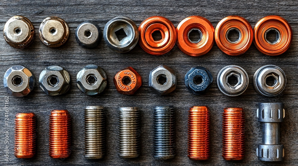 Arrangement of various metallic bolts, nuts, and washers on a wooden surface, showcasing craftsmanship Arrangement of various metallic bolts, nuts, and washers on a wooden surface, showcasing craftsmanship