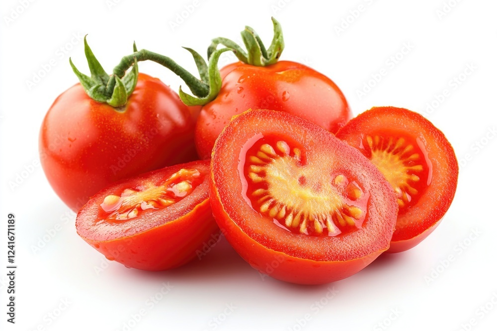 A bunch of tomatoes cut in half arranged on a clean white surface A bunch of tomatoes cut in half arranged on a clean white surface