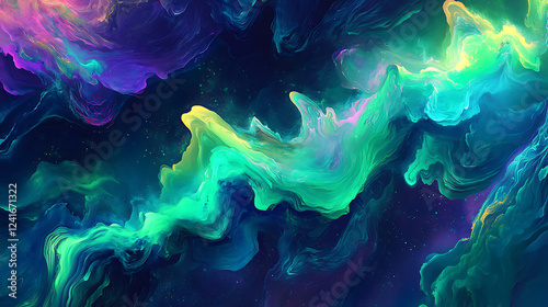 A colorful, swirling galaxy of green, blue, and purple