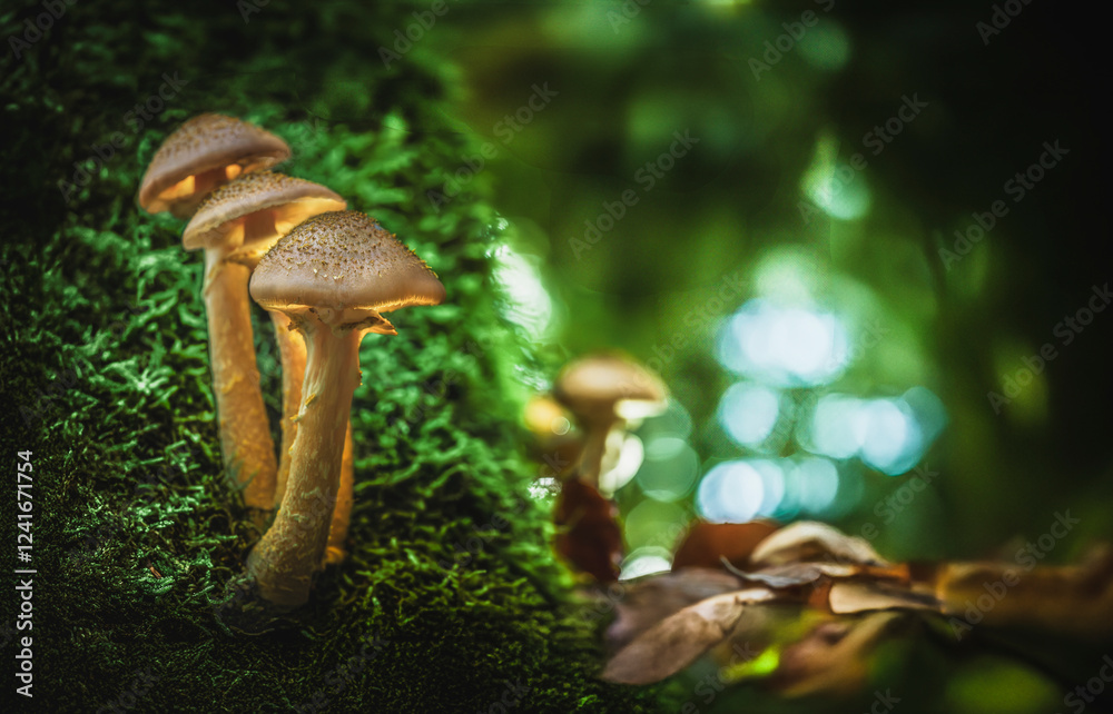 Fototapeta premium Glowing luminescent mushrooms glowing in the moss in an autumnal scene. Fantastic world of mushrooms.