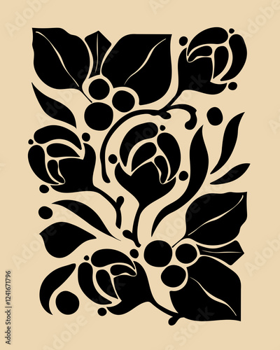 Obraz na płótnie A modern, minimalist floral design with abstract shapes in beige, and black. w salonie