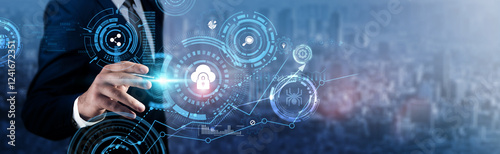 Cloud Security: Businessman analyzing technological data and encryption protocols, risk management, data protection, secure access, network monitoring, threat detection, and compliance.