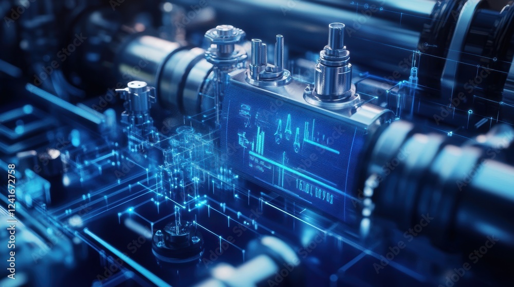 Fototapeta premium Futuristic industrial machine monitoring system is displaying performance data and statistics on a holographic screen, showcasing innovative manufacturing processes and advanced technology