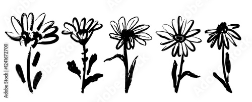 Ink Marker Gouache flowers hand drawn sketches illustrations. Dry brush stroke simple minimalistic floral doodles isolated on white for cosmetics, kid education.