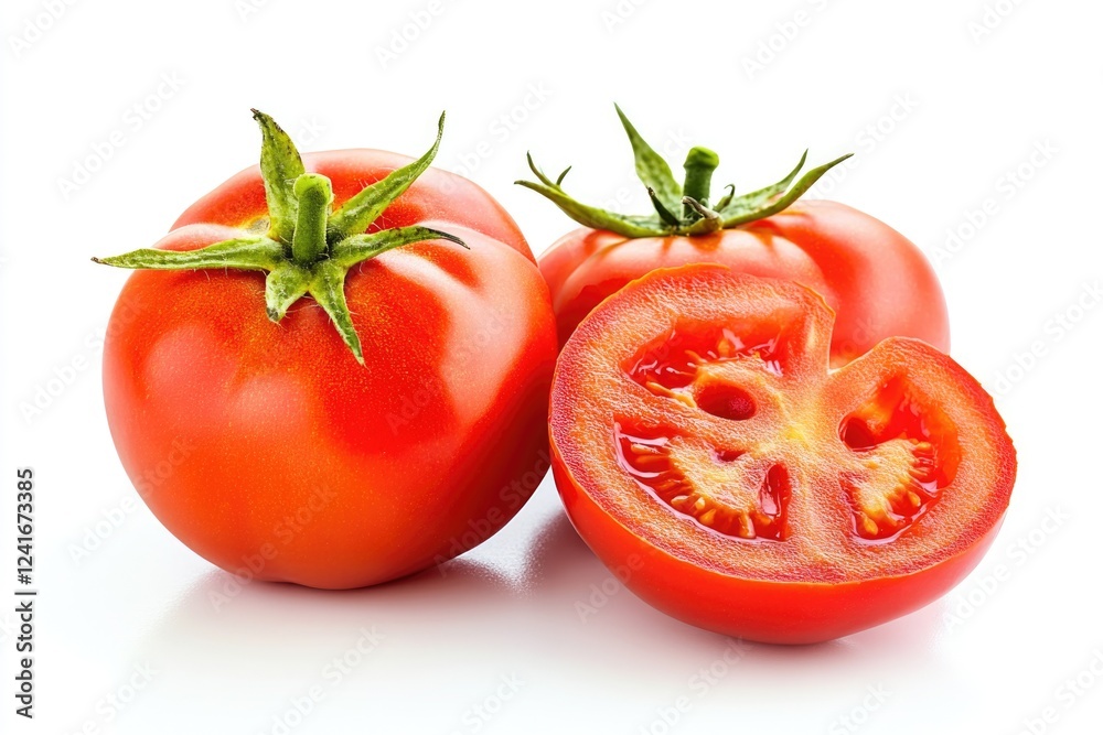 Freshly cut tomatoes sitting on a clean white surface, ideal for food photography and recipes Freshly cut tomatoes sitting on a clean white surface, ideal for food photography and recipes