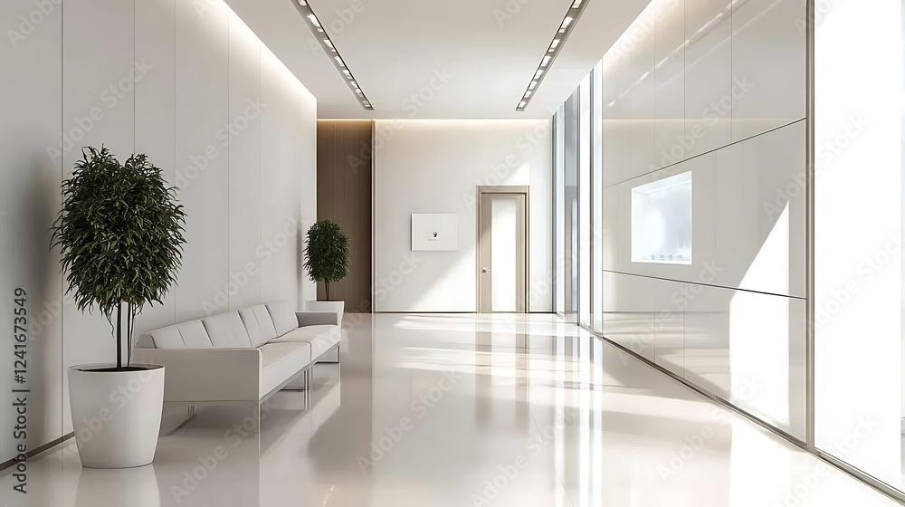 A large, empty room with a white couch and a potted plant A large, empty room with a white couch and a potted plant