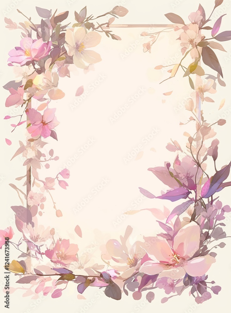 Fototapeta premium Elegant card design with pastel flowers and leaves in soft pink tones