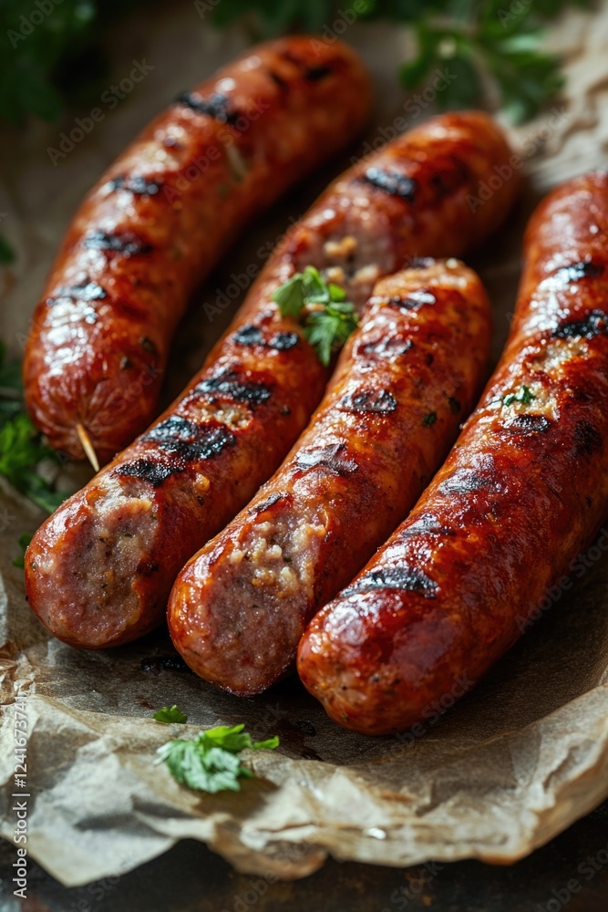 Fototapeta premium A group of sausages arranged on a piece of paper, ready for use or display
