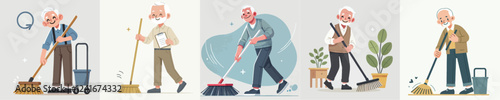 vector of an elderly person sweeping the floor