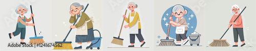 vector of an elderly person sweeping the floor